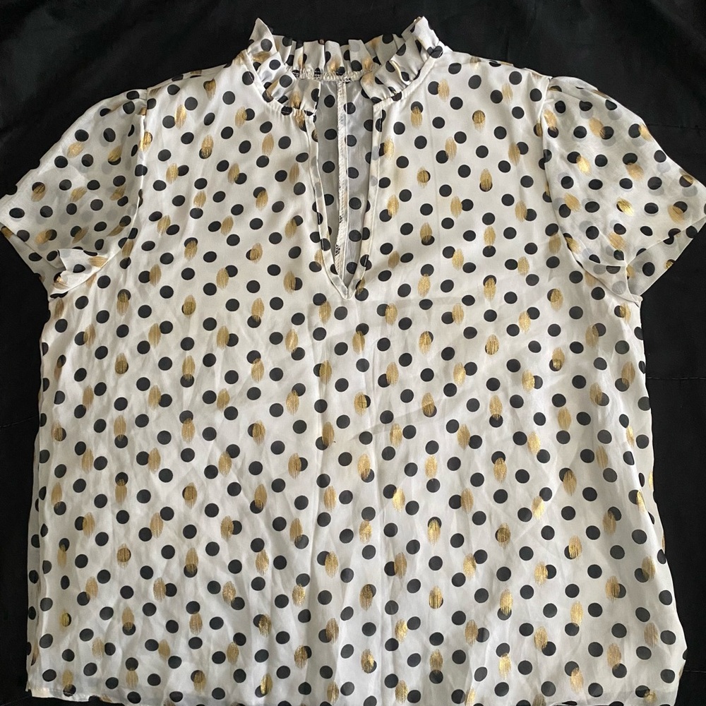 SHEIN White Blouse w/ Black & Gold Polka Dots